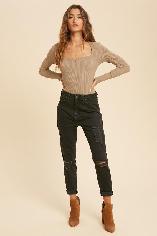 Ribbed Knit Bodysuit - Taupe - Good Times Boutique