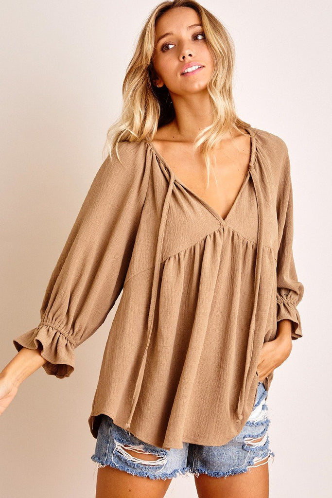 Ruffle Sleeve Woven Top - Taupe - Good Times Boutique